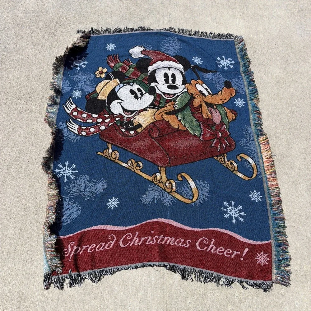 Disney Mickey Minnie Pluto Holiday Christmas Throw Blanket Blue Used
